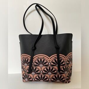 NANETTE LEPORE Tote Bag Open Top Black Tan Floral Design Business Office
